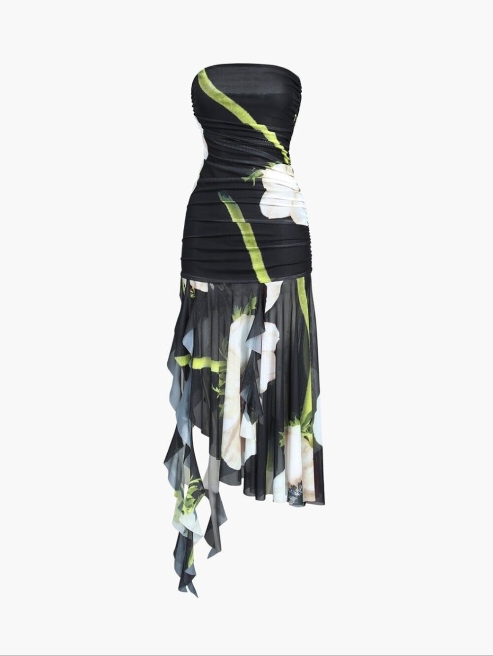 Women’s Floral Asymmetrical Dress - Black, White & Lime